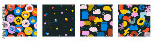 Various Patches, Pins, Stamps, Stickers. Funny cute comic Characters. Different Phrases and words. Hand drawn trendy illustration. Cartoon style. Abstract square seamless Pattern, wallpaper
