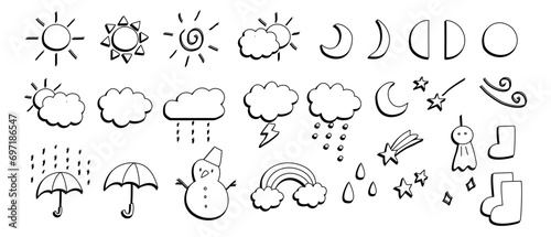 Fototapeta Naklejka Na Ścianę i Meble -  hand drawn weather season icon set, sunny, cloud, rain, sky vector editable stroke 