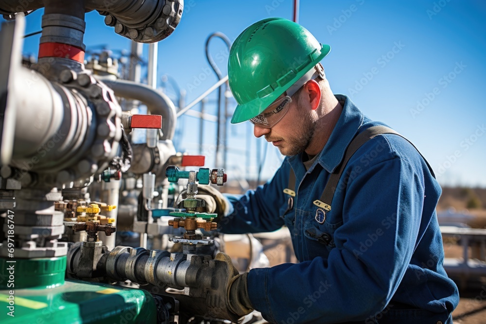 Male worker inspection at steel long pipes and pipe elbow in station oil and gas factory Male worker inspection at steel long pipes and pipe elbow in station oil and gas factory