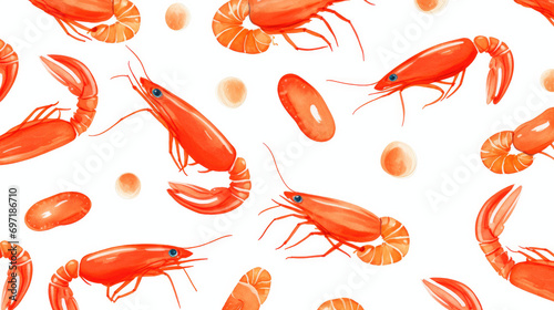 Seamless cartoon watercolour shrimp prawn pattern design with white background.
