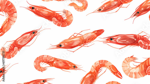 Seamless cartoon watercolour shrimp prawn pattern design with white background.
