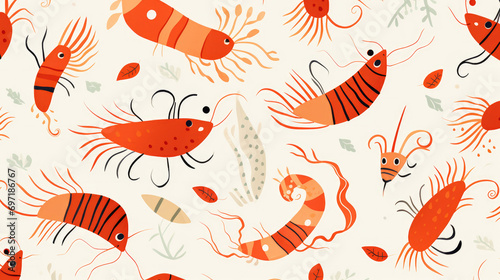 Seamless cartoon watercolour shrimp prawn pattern design with white background.
