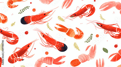 Seamless cartoon watercolour shrimp prawn pattern design with white background.
