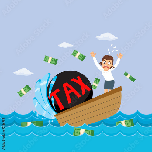 Businesswoman in a sinking boat with heavy taxes. illustration vector cartoon.