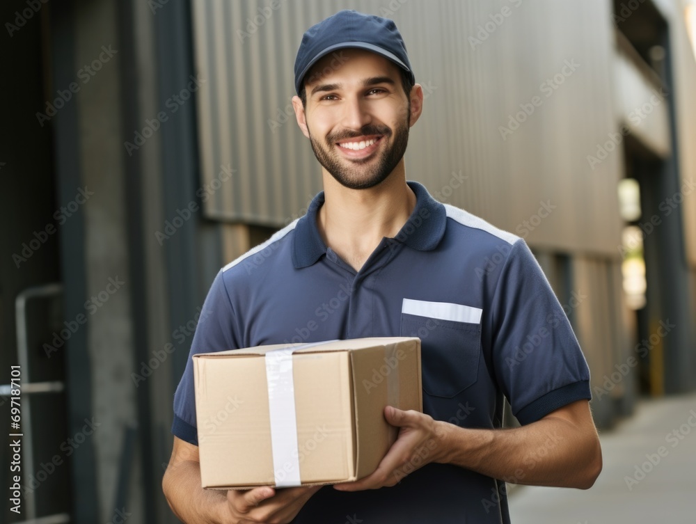 Male delivery worker safely carries the delivered package Male delivery worker safely carries the delivered package