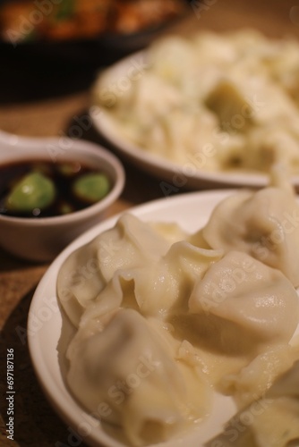 Chinese traditional dumplings and laba garlic, photoed in Jinguyuan, a famous dumpling restaurant in Beijing