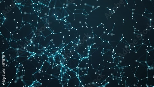 Dots and lines in the center blur in slow motion with a dark blue background, cybersecurity, and network wireframe technology background, polygons dot network connection. Plexus lines and points
