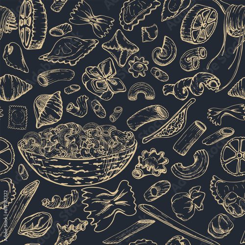Hand drawn vector ink illustration. Different types of pasta Italian cuisine dish assortment penne ravioli spiral. Seamless pattern isolated on dark. Restaurant menu, food shop package, flyer, print.
