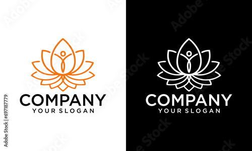 Creative Well Body Fitness Logo, Cosmetic Brand identity. For Spa product and Beauty Salon Business. Stylized human yoga shape in abstract lotus symbol. Vector icon. #697187779