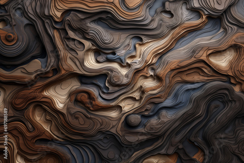 Wood art background abstract texture, closeup of detailed organic brown and black wooden, waves waving shapes