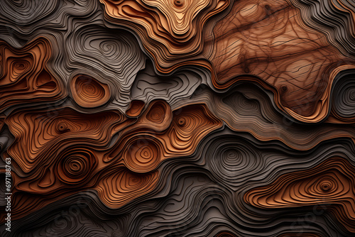 Wood art background abstract texture, closeup of detailed organic brown wooden, waves waving shapes photo