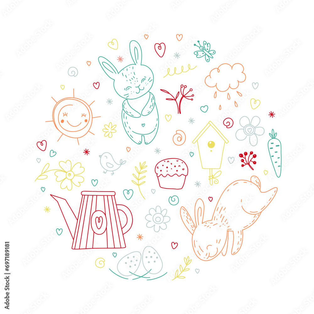 Easter theme set. Composition in circle. Design elements, on white background. Cute cartoon style. Outline doodle style.