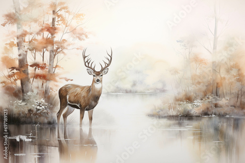 Watercolor painting of a deer in the forest.
