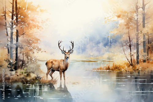 Watercolor painting of a deer in the forest.