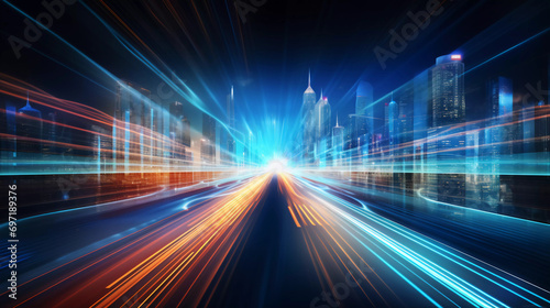 Abstract background of high speed global data transfer and super fast broadband in futuristic tech city at night
