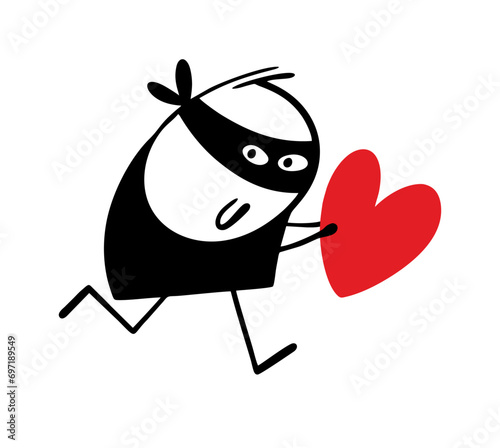 Brazen stickman stole the heart and runs away. Vector illustration of a robber lover in a black mask carries a symbol of love. Isolated cartoon character on white background.