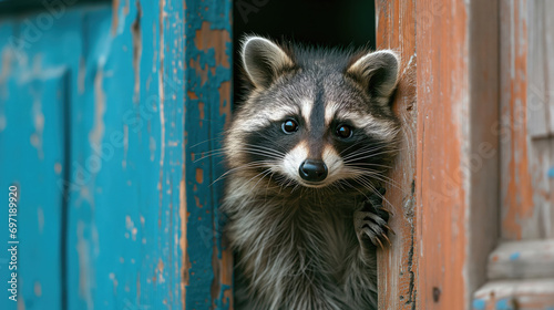 raccoon looking through a blue wooden door
