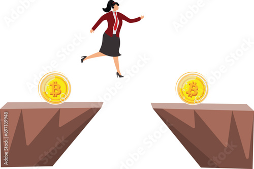 Businesswoman jumping Bitcoin, Anticipation, Banking, Bankruptcy, Bitcoin