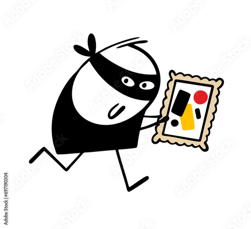 Robber in black mask runs away, stole a painting from museum. Vector illustration of stickman and masterpiece of world painting in the style of suprematism.