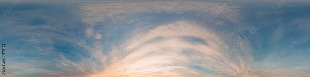Obraz premium Dark Sunset sky panorama with glowing pink Cirrus clouds. HDR 360 seamless spherical panorama. Full zenith or sky dome in 3D, sky replacement for aerial drone panoramas. Climate and weather change.