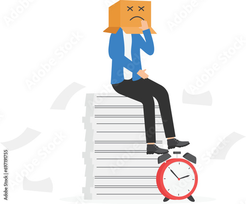 Unhappy employee or unsatisfied customer, depressed from overworked or business failure, anxiety or stress from work, frustrated businessman covered with cardboard box with unhappy sad face.

