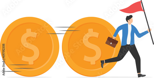 Cash flow and fund on loan to the bank money business. Fundraising financial coins and refinancing investments people. Man fast run with coin with flag vector illustration. Earn commission income

