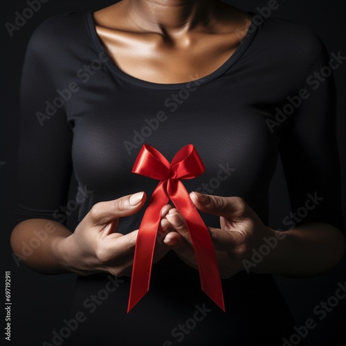 World aids day and national HIV AIDS and ageing awareness month with red ribbon on woman hand support