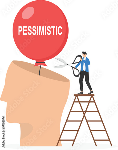 Businessman cuts a pessimistic balloon on his head. Optimist and pessimist psychology concept.

