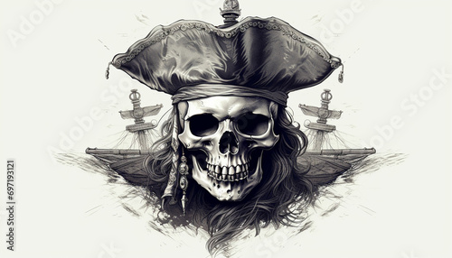 vintage monochrome skull in pirate hat