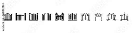 Fence and gates isolated icons, Fence gate, garden or farm palisade, gates or balustrade with pickets, r fence and gate icons, road signs. Iron gate and entrance metal fence with steel barriers