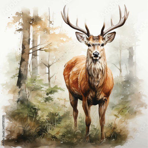 Beautiful vector watercolor deer in forest with long horns on white background. Illustration of a forest full of watercolor trees.