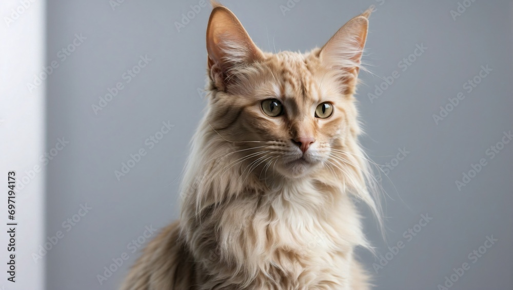 An elegant Oriental Longhair cat with luxurious cream fur and captivating green eyes poses gracefully against a grey studio background, highlighting the breed's refined features.