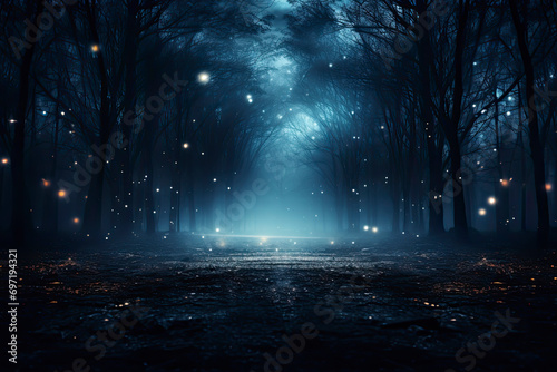 Fog In Spooky Forest At Moon Light On Asphalt with hill and trees. Green meadow foggy night. mystical concept