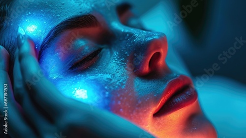 Beautiful woman using a blue light therapy device on their face, focus on the glow and skin texture. Biohacking concept. photo