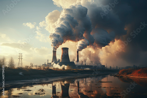 Power plant with smoking chimneys on a background of blue sky. Factories release CO2 into the atmosphere. photo