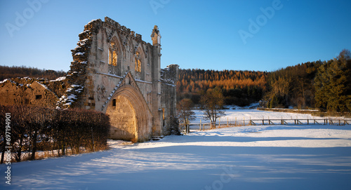 Winter snow and the ruins of Kirkham Priory - North Yorkshire - England