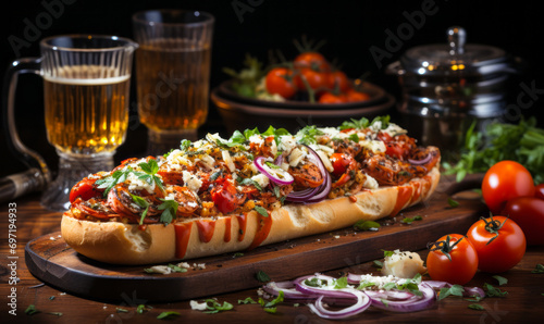 Gourmet loaded hot dog with fresh toppings and condiments on a rustic wooden board, surrounded by ingredients in a warm kitchen setting