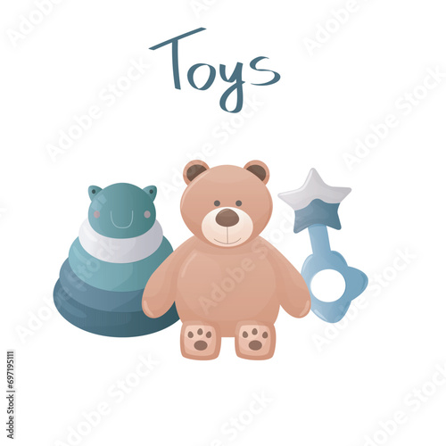 Baby toys vector illustration on white background.  Teddy bear, pyramid and baby rattle illustration.