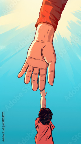 Cartoon style celebrating Father's Day with Love, Cherishing Dad Father's Day theme vector concept. Child reaching to hand.