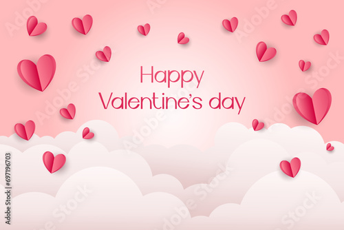 Valentine's day illustration with pink paper hearts, clouds and realistick shadow. Paper 3d style. Holiday card, poster, background. Vector illustration for your design photo