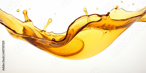 Banner of beautiful splash of oil isolated on white background. Synthetic machine engine oil poster or advertisement. Copy space.