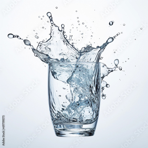 Splash effect of a shot of water into a glass at high speed in a glass spilling onto a plain white background