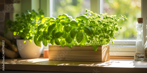 Indoor herbs, green plants in apot photo