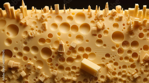 Cheese in the shape of a miniature city. Cheese urbanism.