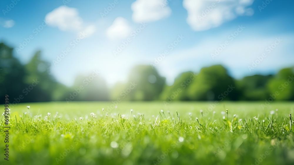 Spring background, Green grass in dew with drops of water, sun, earth.