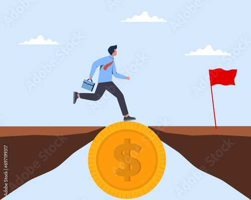 Businessman jumping on top of mountain to get money and overcome financial risk money management vector illustration 