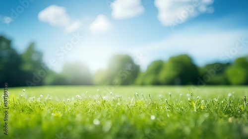 Spring background, Green grass in dew with drops of water, sun, earth.