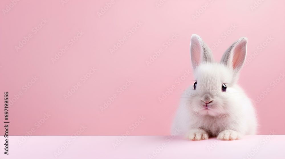 Rabbit looks into the camera. Solid background with empty space for text. The banner.