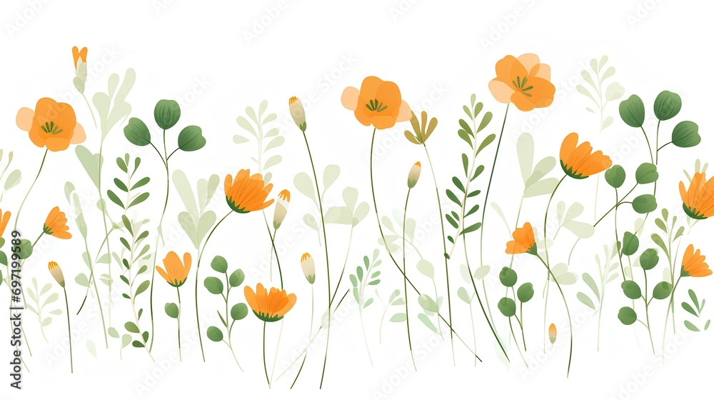 A spring template with flowers and leaves on a white background.