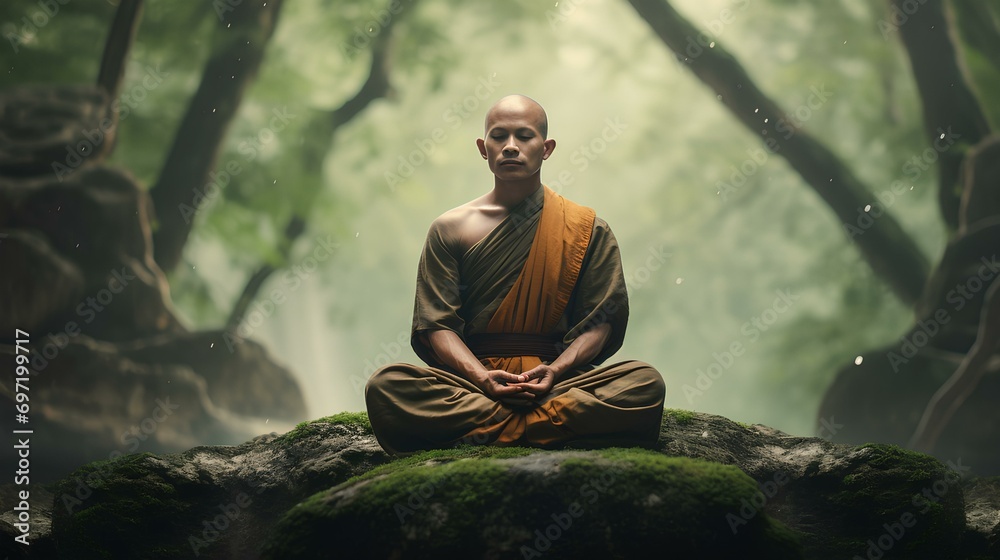 A Tibetan monk meditates in a green forest. - obrazy, fototapety, plakaty 